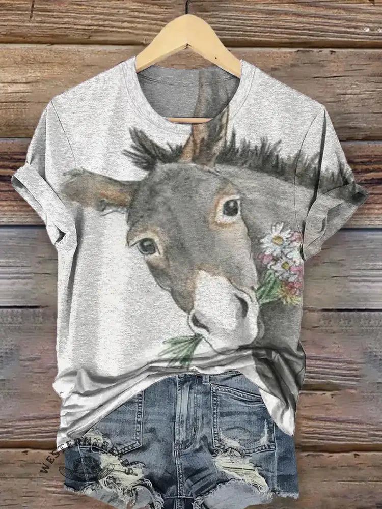 Vintage Funny Donkey Pattern T-shirt