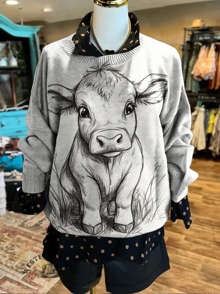 Vintage Cow Art Print Casual Sweater