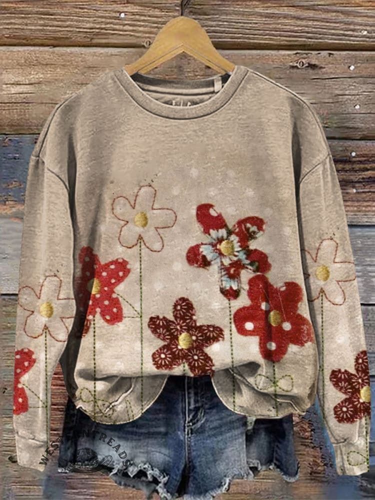 Retro Christmas Floral Casual Cotton Sweatshirt