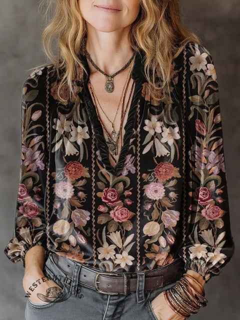 Women's Retro Stripes Floral Print Casual Cotton Shirt