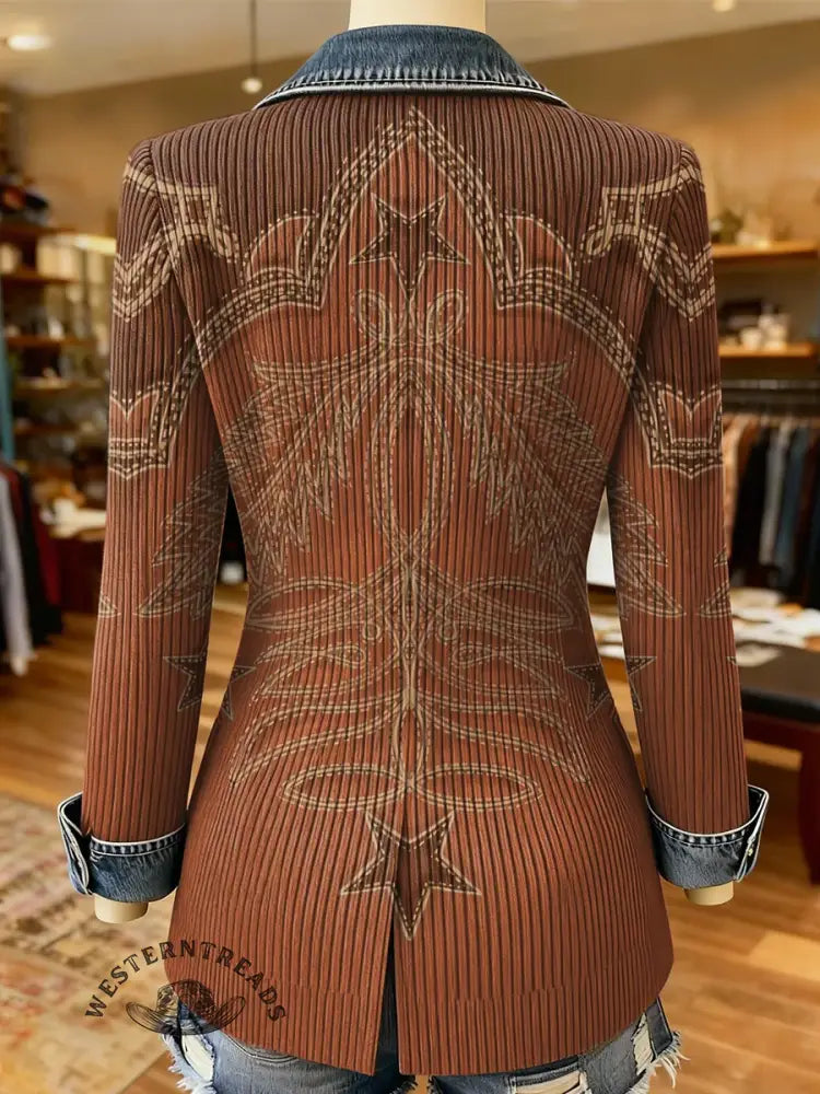 Retro Cowboy Boot Stitching Print Patchwork Denim Sweater Cardigan Coat