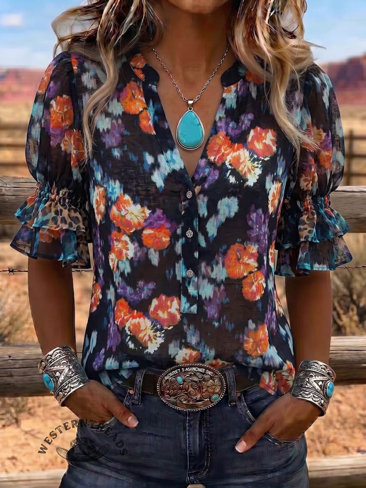 Vintage Art Print Comfortable Summer Fabrics Puff Sleeve Casual Shirt