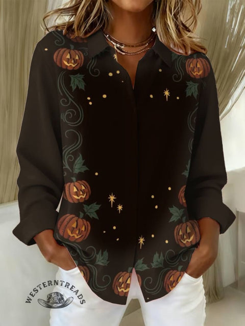 Women's Halloween Pumpkin Print Casual Cotton Shirt