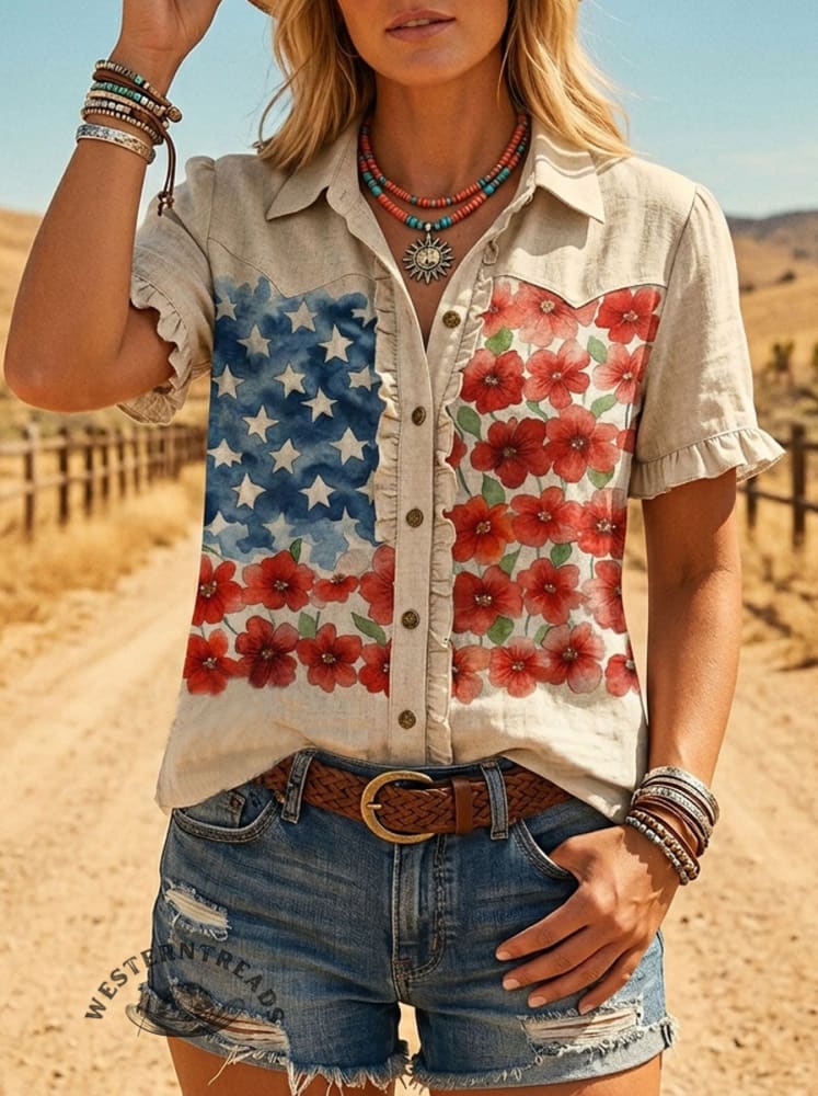 Women's Vintage American Flag Floral Print Casual Ruffle Cotton Shirt