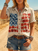 Women's Vintage American Flag Floral Print Casual Ruffle Cotton Shirt