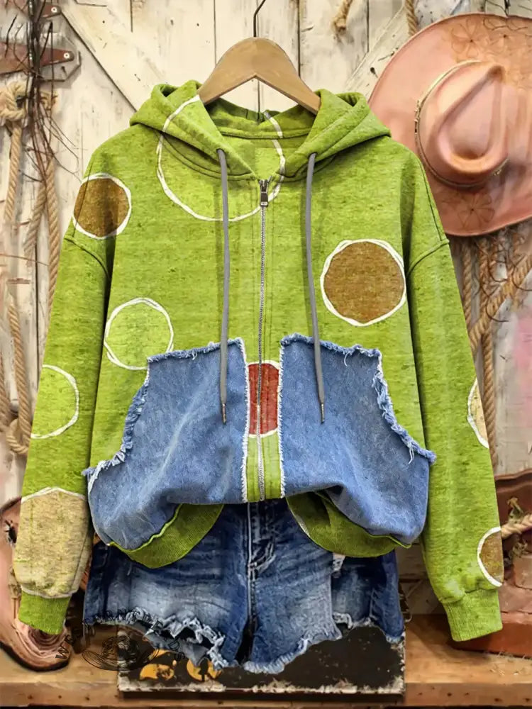Retro Print Casual Cotton Patchwork Hooded Zip-up Sweatshirt