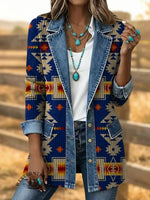 Retro Aztec Art Print Patchwork Denim Sweater Cardigan Coat