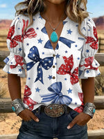 Women's Flag Bow Print Puff Sleeve Casual Shirt