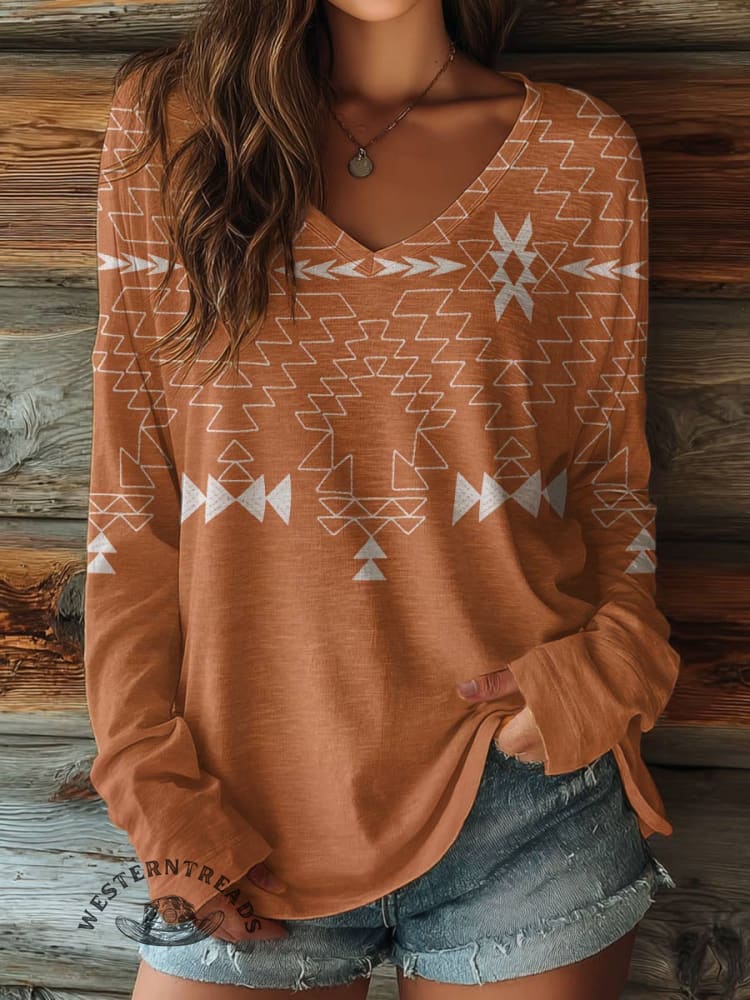 100% Cotton🍃Women's Aztec Print Casual V-neck Long Sleeve T-shirt