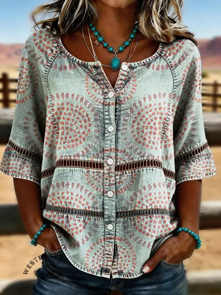 Women's Retro Flower Casual Hollow-out Denim Shirt