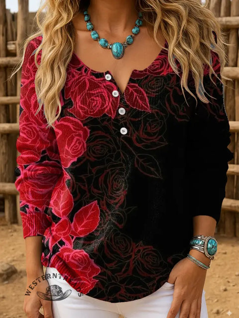 Retro Rose Print Buttoned Cardigan Sweater