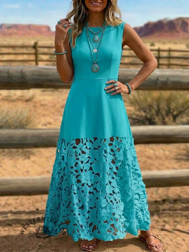 Women's Retro Western Sleeveless Lace Panel Dress