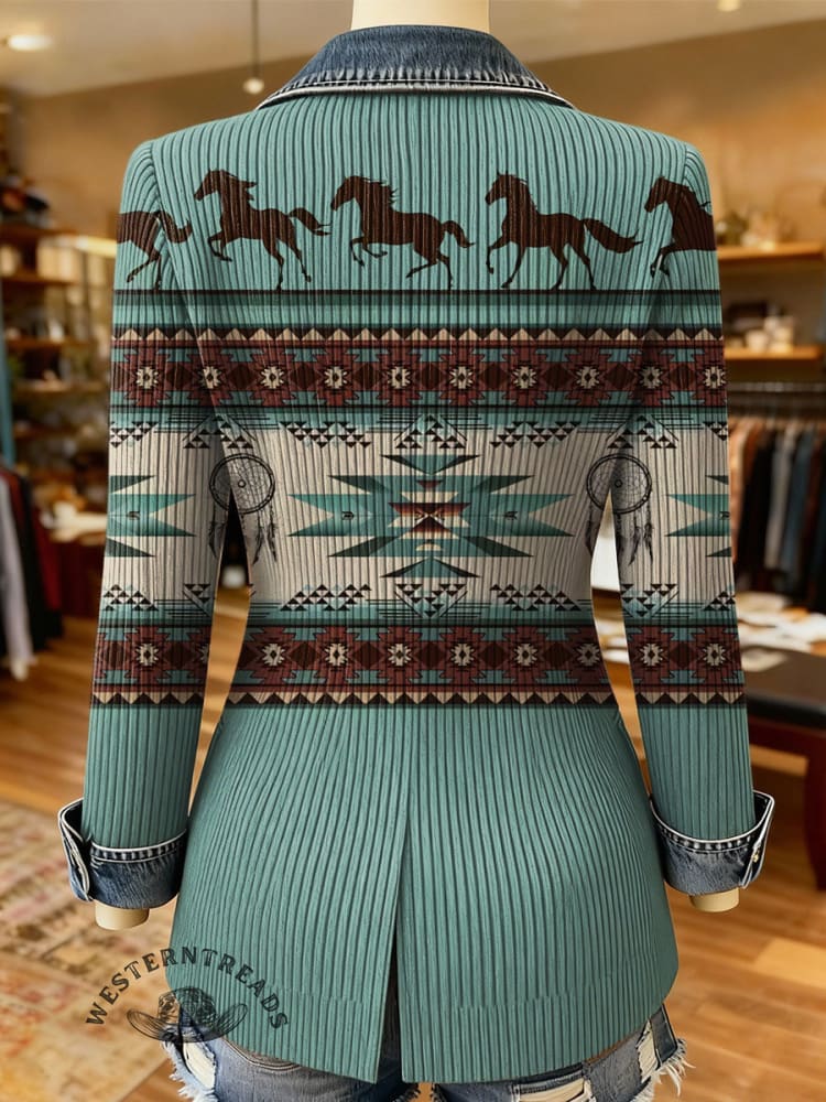 Retro Horse Aztec Print Patchwork Denim Sweater Cardigan Coat