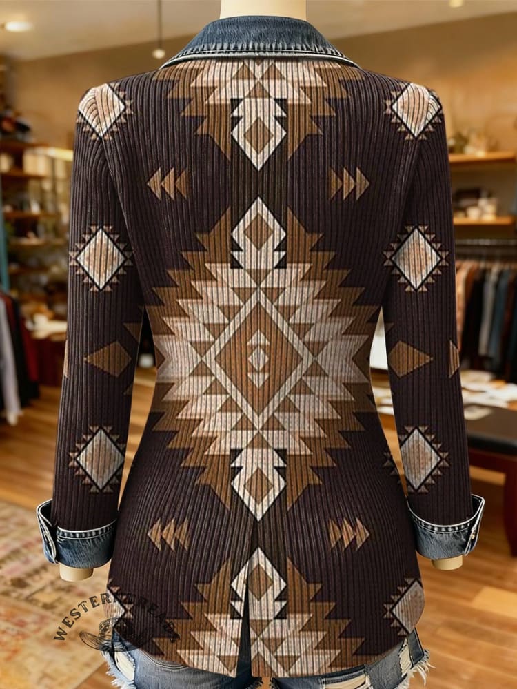 Aztec Print Patchwork Denim Sweater