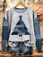 Vintage Print Christmas Denim Casual Cotton Sweatshirt