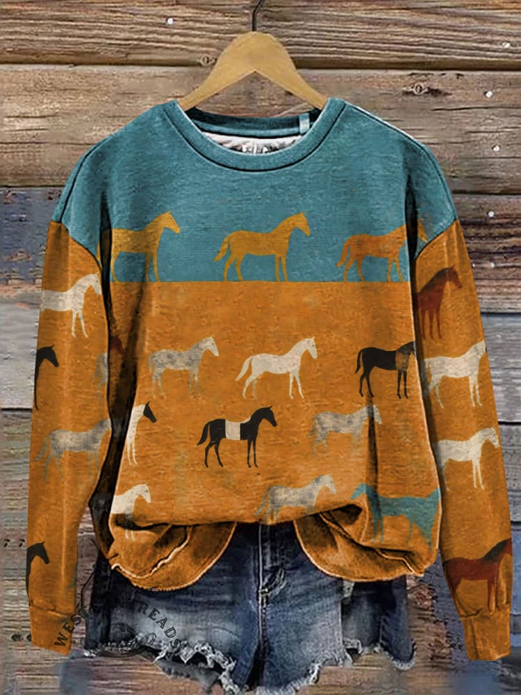 Retro Horse Art Print Casual Cotton Sweatshirt