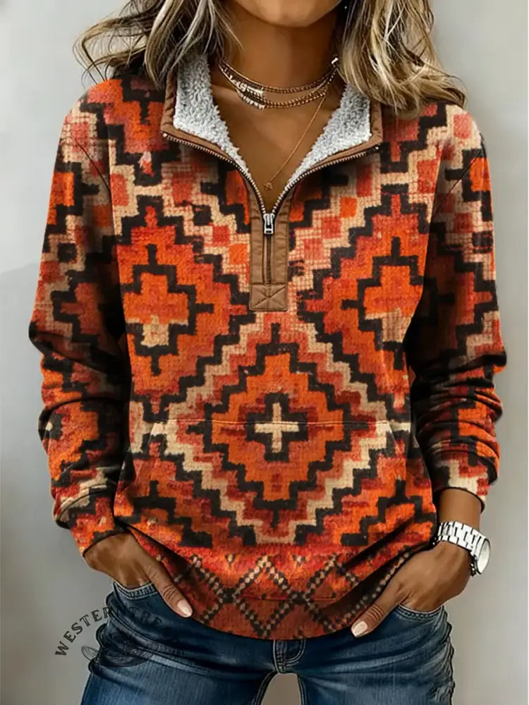 Vintage Aztec Art Print Casual Half Zip Cotton Sweatshirt