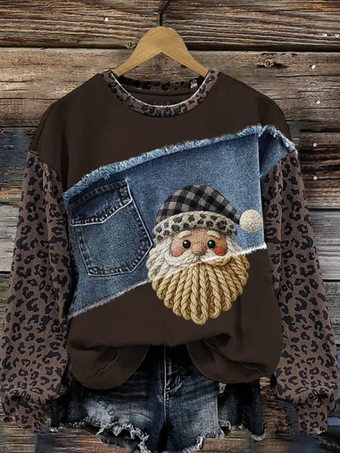 Santa Claus Print Denim Patchwork Sweatshirt