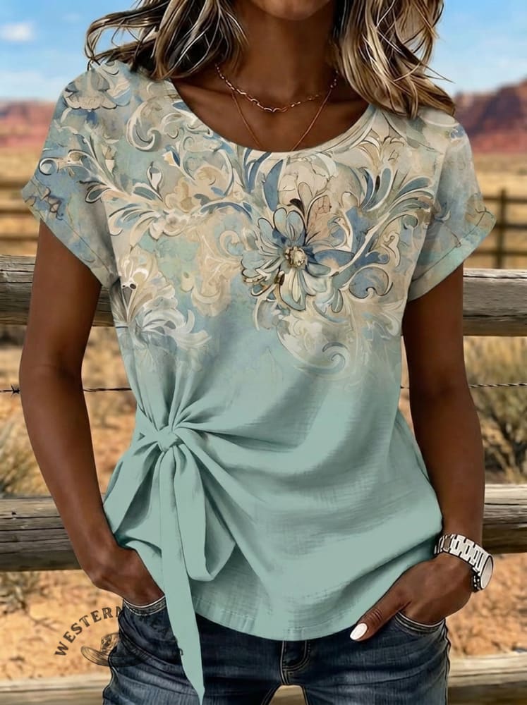 Retro Floral Art Tie Cotton Linen T-shirt