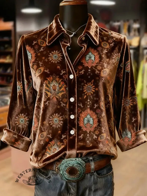 Retro Ethnic Flowrs Print Collared Velvet Top