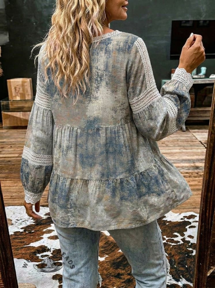 Women's Retro Floral Print Casual Lace Patchwork Shirt