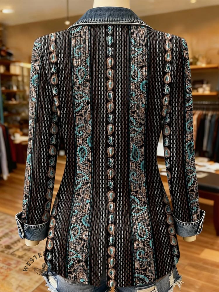 Paisley Print Patchwork Denim Sweater