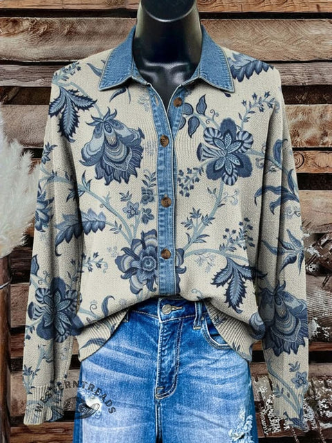 Denim Floral Polo Collar Button Cardigan Sweater