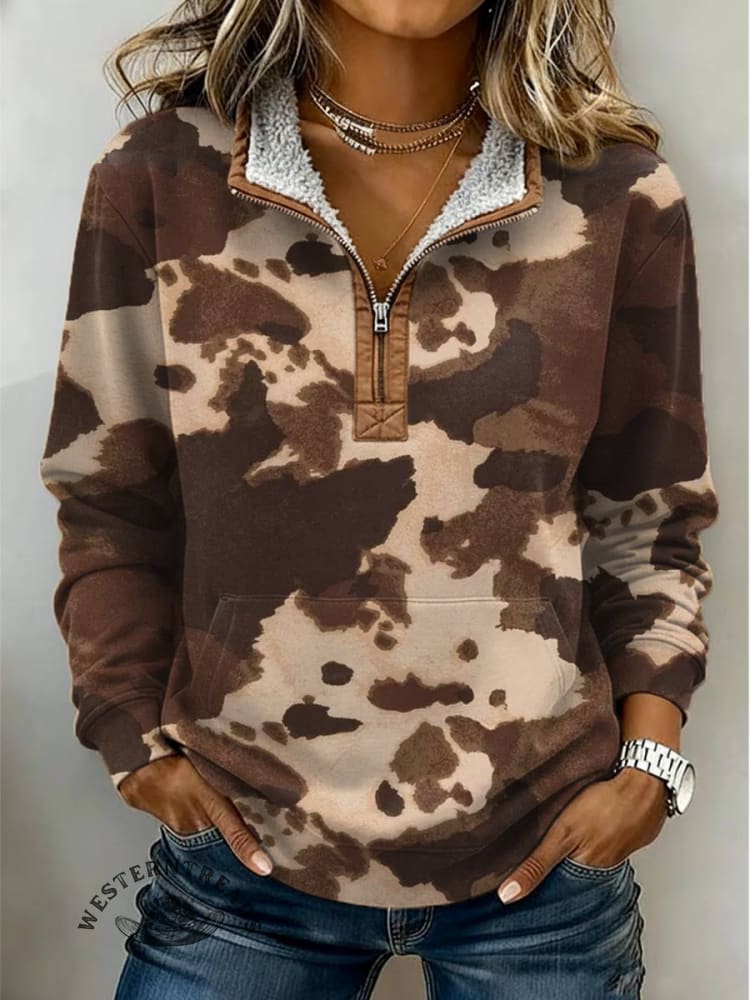 Cow Print Casual Half-zip Cotton Sweatshirt