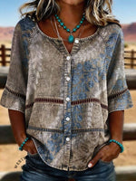 Women's Vintage Floral Print Casual Hollow-out Denim Shirt