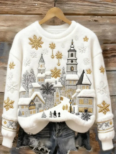 Christmas Snow Scene Embroidery Art Print Cozy Plush Sweater