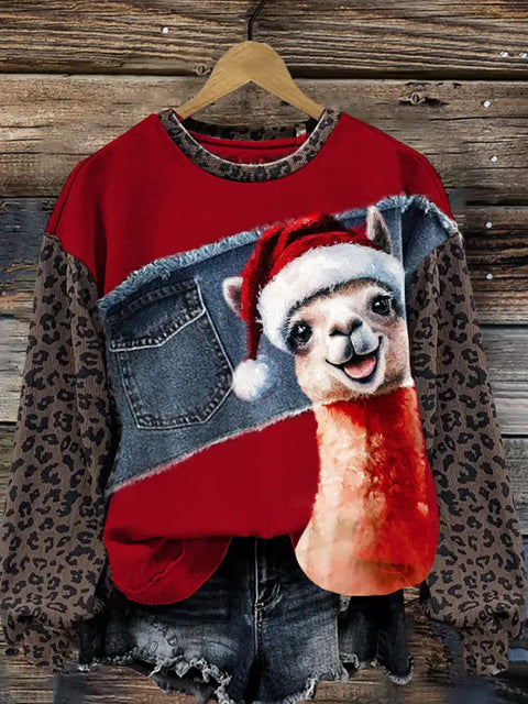 Alpaca Wearing A Santa Hat Leopard Print Denim Patchwork Casual Cotton Sweatshirt