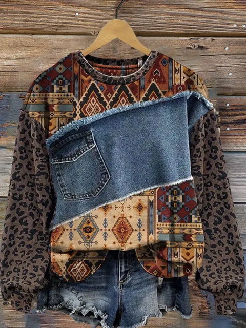 Retro Texture Patchwork Denim Leopard Print Sweatshirt