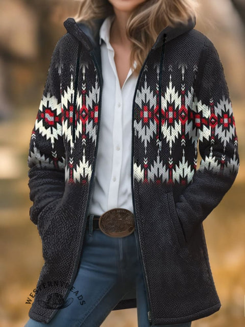 Aztec Print Unisex Plush Thick Long-Sleeved Cardigan Coat