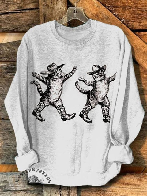 Cowboy Cat Print Casual Cotton Sweatshirt