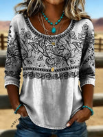 Women's Vintage Print Casual Hollow Denim Shirt