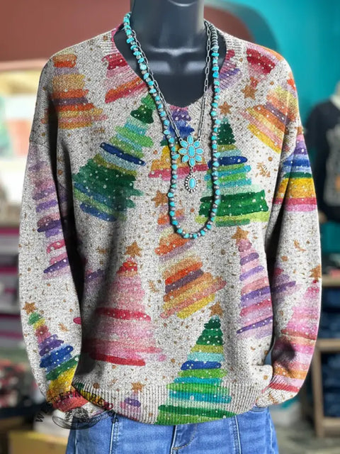 Christmas Art Print Casual V-Neck Sweater
