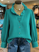 Women's Retro Print Casual Cotton And Linen Ruffle Shirt