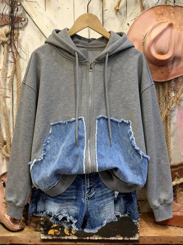 Retro Casual Cotton Patchwork Hooded Zip-up Sweatshirt