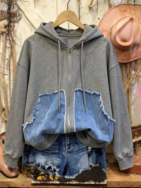 Retro Casual Cotton Patchwork Hooded Zip-up Sweatshirt