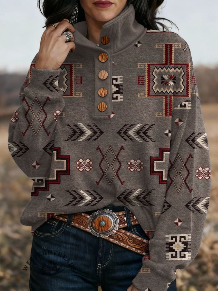 Retro Western Printed Button-up Sweatshirt