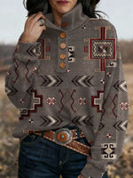 Retro Western Printed Button-up Sweatshirt