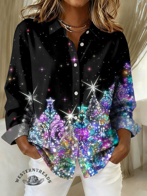 Women's Christmas Tree Print Casual Cotton Shirt