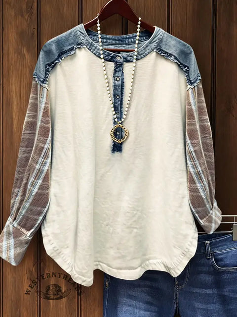 Women's Contrast Print Patchwork Denim Casual Cotton Linen Shirt