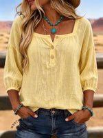 Women's Vintage Square Neck Puff Sleeves Patchwork Casual Shirt