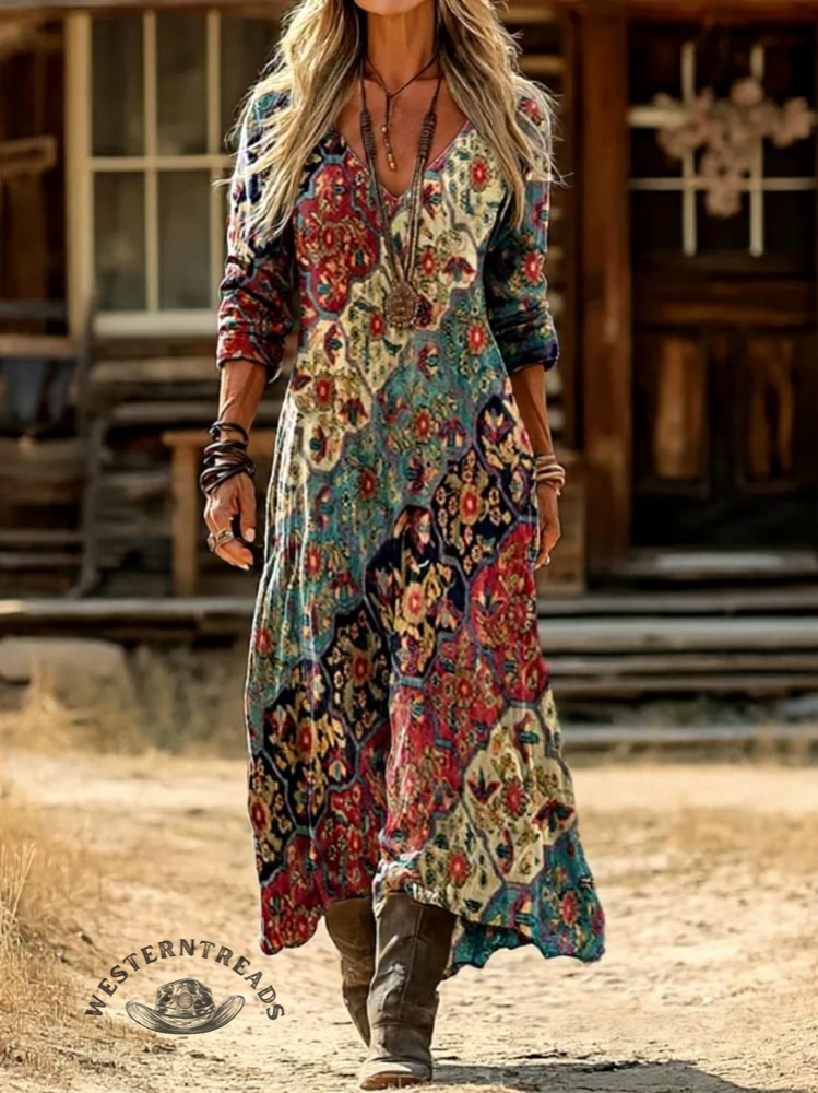 Vintage Print Casual V-neck Dress