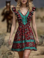 Women's Vintage Patchwork Casual V-neck Ruffled Dress