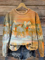 White Horse Art Print Casual Cotton Sweatshirt