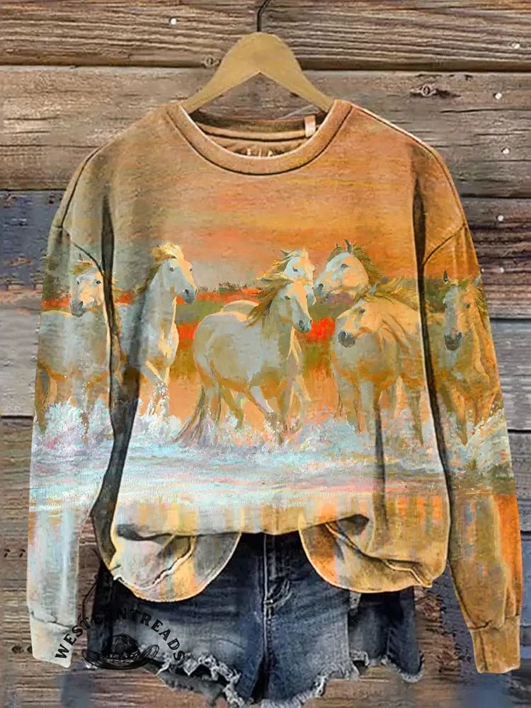 White Horse Art Print Casual Cotton Sweatshirt