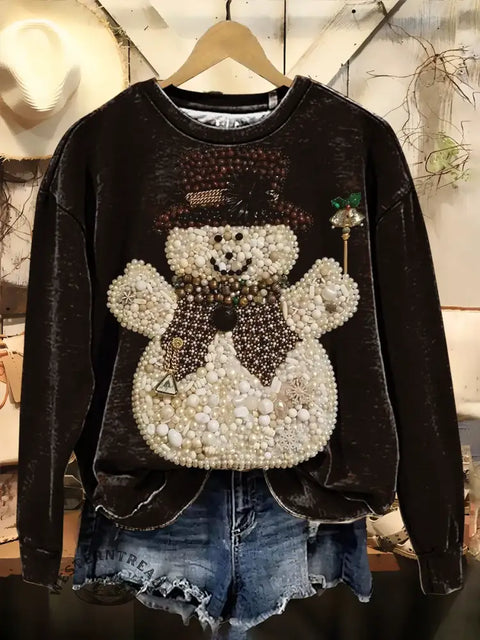 Retro Snowman Print Casual Cotton Sweatshirt