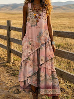 Vintage Floral Print Sleeveless Multi-layered Ruffled Strap Dress